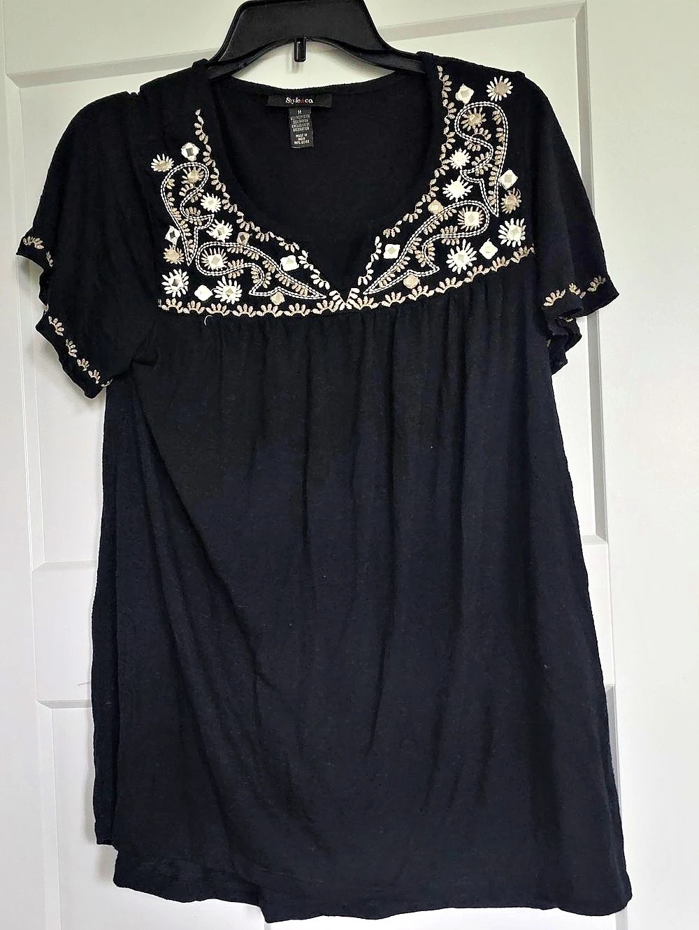 Style & Co Women's Scoop-Neck Embroidered Short-Sleeve Top Black